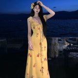 Holiday-Style Print Hanging With Lining V-Neck Dress Women's Summer High-End Feeling Ribbon Niche A-Shaped Dress
