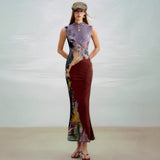 Street Wind Before And After Two Bumpy Color Printed Cheongsam Dress High-End Temperament Female Summer Bagged Hip Dress