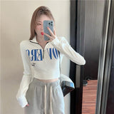 Zipper Letter Print Long-Sleeved T-Shirt Women Autumn New Short Repair Height Korean Version Of Wearing Fashionable Clothes