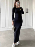 Ins Finger Buckle Solid Color Round-Neck Long-Sleeved Dress Body-Body-Skinny Dress Woman Tide