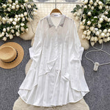 Design Irregular Shirt Women's Diamond Nail Pearl Single-Regable Bat Sleeves Long Medium Cover