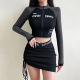 Spring Pure Hot Girl Repair Shoulder Long-Sleeved T-Shirt Female Korean Version Of The Locomotive Wind Splicing Zipper Short Thin Top