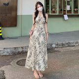 Vintage Ink Painting Print V-Neck Sleeveless Dress Women's Summer Sweet Style Temperament A Word Long Dress