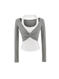 Hottie Wind Hanging Neck Color Fake Two Long-Sleeved T-Shirt Girl Design Tight Sex Sexy Bottom Short Top