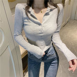 French Sexy Hottie Polo Collar Long-Sleeved T-Shirt Girl Spring New Slimming Inside Folding Short Top