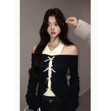 Pure Babes Spliced Bow Knitted Women's Autumn Design Slim Slimming Bottom Shirt Inside The Top