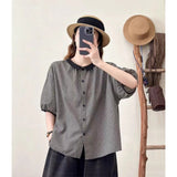 Non-Real-Sleeved Cotton Plaid Short-Sleeved Shirt Women's Summer Senshi Literary And Art Doll Collar Age Reduction Loose Shirt
