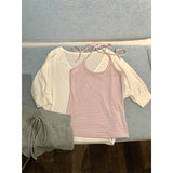 [Original Human Cotton 260G] Quality Short-Sleeved V-Neck Collar T-Shirt Two Sets Of Female Striped Slings Hooded Shirt