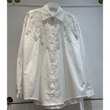 European Goods Heavy Industry Buckle Embroidery Single Buckle Collar Loose Long Shirt Women Big Brand Design Sense Thin