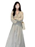 Korean Version Of Striped Long-Sleeved Shirt Dress Women's Dress Early Autumn New Waist Temperament Small Long Dress