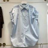 Fashion Short-Sleeved Shirt Women 2025 Summer Korean Version Of Loose Ocean Design Feeling Niche Bubble Sleeve Heavy Industry Nail Bead Top