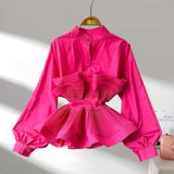 Long-Sleeved Shirt Female Design Sense Of A Small Three-Dimensional Pressure Folding Lotus Leaves Side Lean Temperament Spring Dress Top Woman