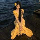 Holiday-Style Print Hanging With Lining V-Neck Dress Women's Summer High-End Feeling Ribbon Niche A-Shaped Dress
