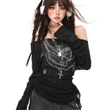 Hottie Style Printed A Word Shoulder Long-Sleeved T-Shirt Girl Autumn Micro-Permeable Mesh Repair Body Thin Inside Clothes