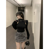 Grey Half-Neck Knitted Jersey Women Autumn Long-Sleeved Hollow Body Tight Open Fork Inside The Design Feel Bottom Top