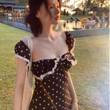 Summer Pure Want To Collect Waist Thin Lace Splicing Low Collar Lotus Black Wave Dot Long Dress Woman