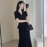 Large-Size Hao Ben Style Black Short-Sleeved Dress Women's Summer New Fake Two Temperament Thin V-Neck Long Skirt