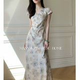 2025 Summer New Light Luxury National Style Oil V Collar A New Chinese Printing Temperament Improved Cheongsam Waist Dress