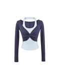 Hottie Wind Hanging Neck Color Fake Two Long-Sleeved T-Shirt Girl Design Tight Sex Sexy Bottom Short Top