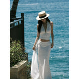 Sexy Seaside Resort Style French Wave Dot V-Neck Hanging Neck Vest Top + Hip Half Skirt Woman Summer Two Sets