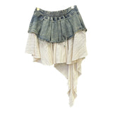 Vintage Splicing Cowboy 100-Folded Skirt Female Summer Temperament Hottie Trendy High-Rise Thin A-Word Short Skirt
