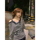 Korean Striped Fake Two-Word Shoulder Long-Sleeved T-Shirt Women's Spring And Autumn Lazy Sweet Hottie Top Loose Thin