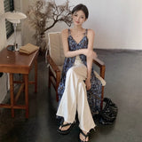 French Fraged V-Neck Dresses Women's Summer Sweet Spice Girl Vintage Temperament Open Fork Dress