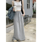 Grey Half-Dress Woman Tight Waist Drawstring Casual Straight Skirt Summer High Waist Thin A Skirt Medium Long Skirt