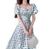 Blue Floral Dress Women's New Long Open Fork Dress Temperament Design Tea Break French Dress