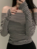Ins Sexy Pure Oceanic Stripes With Long-Sleeved T-Shirt Girl Collarbone Collared Blouse
