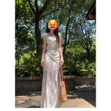 Temperament Princess Style White Lace Folded Sling Dress Women's Summer New Flower-Scuffed And-Coaled Dress