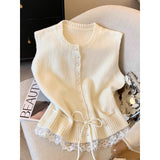 KANING Soft Lace Side Hem Spliced Knitted Vest 2026 Autumn And Winter New Folding Sweater Vest