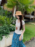 French Blue Oil Painting Floral Dress Girl Summer High-Waisted A-Shaped Dress Soft Dress Dress