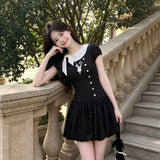 College Storm Point Bow Splicing Button Summer Dress Girl Short Punt