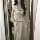 [Senino] Vintage Style Chic Lily Collared Waist Short Coat High Waist Swing Half Skirt Suit Dress Autumn