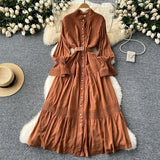 French Court Retro Elegant Dress Women's Collar Horn Sleeves To Close Single Buckle Lace Splicing Large Swing Dress
