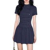 Korean Temperament High-Level Striped Single-D Row Button Dress Women's Summer Waist A Short Skirt