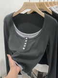 Large-Size Women's Fat Mm Fake Two-Piece Top Bottom Shirt Autumn New Design Small Long-Sleeved T-Shirt Girl