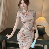 Hottie Style New Chinese Style Open Fork Cheongsam Print Baggy Short Dress Buckle Wrinkles Dress Women Summer
