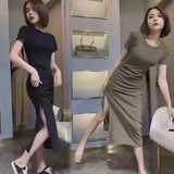 2025 New Summer Elastic Repair Arm Ion With Side Open Fork Long Dress Women's Short-Sleeved T-Shirt Drawer