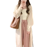 KANING Gray Long Over-Knee Sweater Jacket Woman 2026 Autumn Lazy Wind Thin Knitted Cardigan