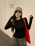 Pure Hot Girl Wine Red V Long Sleeves With A Bottom Shirt Girl Spring And Autumn Body Tight Shoulder T-Shirt Short Shirt