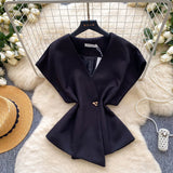 Korean Version Of The Commuter Style V Collar Short Sleeve Loose Shirt Women's Summer Design Sense Of Irregular Cardigan Temperament Tops Niche
