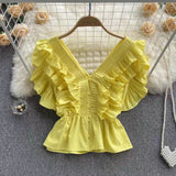 French Retro Fragrant Windy Leaves Edge V-Neck Shirt Women's Short-Sleeved Summer High-Waist Short Small Red Top