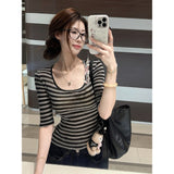 2026 Sunscreen Striped U-Neck Short-Sleeved T-Shirt For Girls Summer Slimming Temperament Lady Waist Babes Sleeve Top