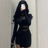French Chic Mesh Splicing Pure Style Dress Women's Autumn And Winter New Sexy Waist Thin Ass Short Skirt