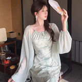 2025 Long Green Sling Skirt Summer New Waist Temperament Hanging Neck New Chinese Dress Two Sets