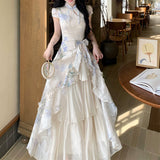 Hinggu Yulan Wen Wan New Chinese Printing Improved Cheongsam Skirt Summer Irregular Splicing Big Swing Dress
