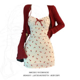 Large-Size Fat Mm French Sweet Hottie Sweet Bumpy Dress Girl Summer Red Cardigan + Broken Floral Skirt Two-Set
