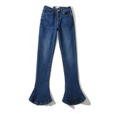 Autumn And Winter Thickened Velvet Retro High-Waist Elastic Force To Repair The Leg Long Horseshoe Pants Women Micro-Horns Denim Trousers